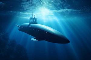 submarino en azul agua. generar ai foto
