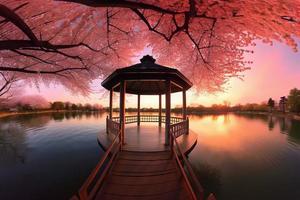 Sunset at lake cherry blossom. Generate Ai photo