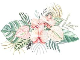 Anthurium flowers, tropical leaves ,dried flowers. Hand drawn watercolor on isolated background. vector