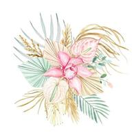 Orchid flower, dried flowers. Hand drawn watercolor boho bouquet vector