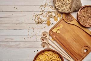 wooden kitchen items healthy breakfast wood background photo