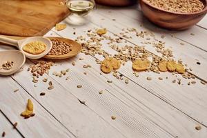 wooden kitchen items food muesli view from above photo