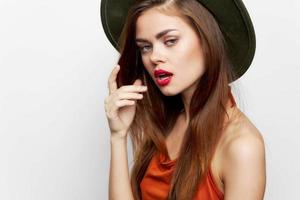 Woman in a hat Open mouth hand near face attractive look photo