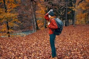 contento viaje mujer con mochila camina mediante el otoño parque en naturaleza cerca el río paisaje alto arboles suéter foto