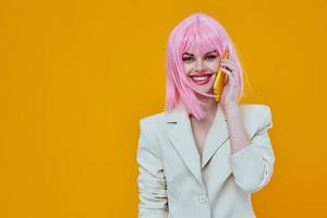 pretty woman pink wig white jacket phone technology photo