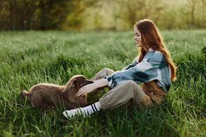 Happy woman sitting in nature and playing with her pet in the park sitting on the green grass in the summer sunlight in the evening, playing in nature photo