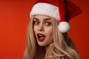 cheerful woman new year santa hat holiday model photo