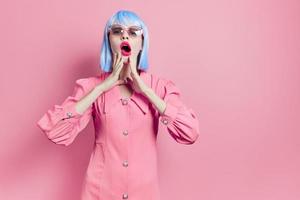 fashionable woman in sunglasses wears a blue wig makeup Lifestyle posing photo