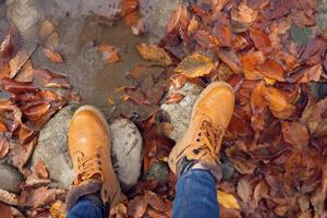 female feet on stones fallen autumn leaves top view photo