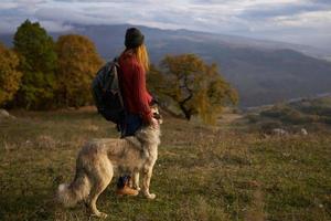 women hikers next to dog walk mountains autumn forest photo