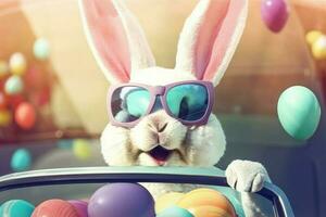 Easter bunny with sunglasses in car. Adorable animal. Generate Ai photo