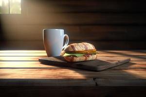 Home coffee mug. Tasty sandwich food. Generate Ai photo