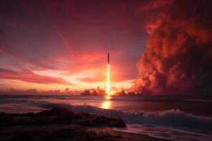 Starship sunset launch. Planet star. Generate Ai photo