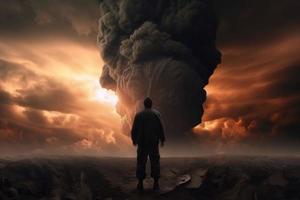 Apocalyptic epic scene with man in front of explosion. The End of the world. Generate Ai photo