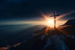 Cross on mountain. Friday sunset. Generate Ai photo