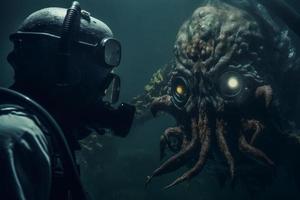Deep sea monster. Diver face to face animal. Generate Ai photo