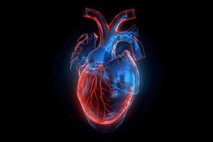 Red, blue heart on black background. Human body anatomy. Generate Ai photo