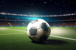 Soccer ball on the field grass. Green stadium background. Generate Ai photo