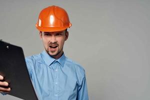 male builders blueprints builder light background photo