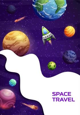 Space landing page. Paper cut galaxy with rocket