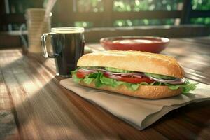 Hot coffee mug with sandwich. Fast food. Generate Ai photo