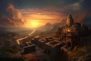 Ancient city sunset. Historic travel. Generate Ai photo