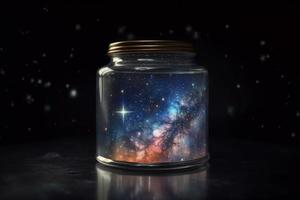 Entire universe in glass jar. Sky light. Generate Ai photo