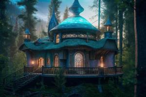 Fantasy magic house. Magical forest aurora. Generate Ai photo