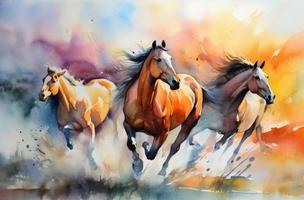 Watercolor horses run. Color paint. Generate Ai photo