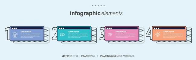 Concept of business model with 4 successive steps. Four colorful graphic elements. Timeline design for brochure, presentation. Infographic design layout vector