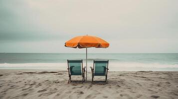 playa paraguas y sillas ai generado foto