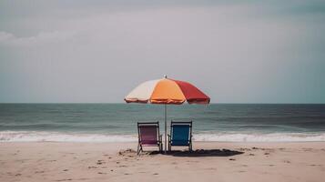 playa paraguas y sillas ai generado foto