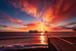 Starship blasting off on a launch. Universe rocket. Generate Ai photo