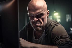 Angry man view. Sitting on computer. Generate Ai photo