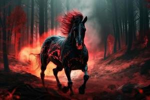Fire horse in night forest. Fog fantasy night. Generate Ai photo