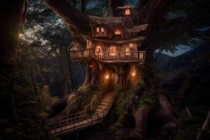 Forest tree house. Magic light in windows. Generate Ai photo