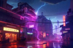 Neon city thunder. Future night street. Generate Ai photo