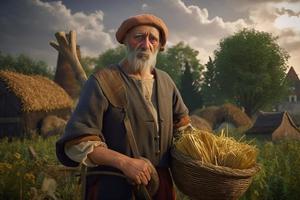 Medieval farmer with wheat basket. Generate Ai photo