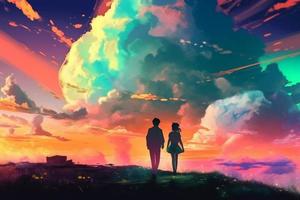 Love couple at colorful night sky. Together artwork. Generate Ai photo
