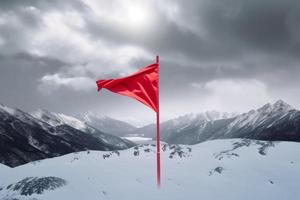 rojo bandera en nieve montaña. parte superior pico éxito. generar ai foto