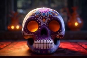 Dead skull with burning candle. Mexican skeleton holiday. Generate Ai photo