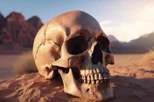 Cracked human skull in desert. Generate Ai photo