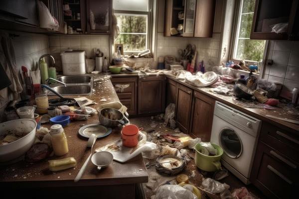 Premium Photo  Messy kitchen with dirty dishes on the counter and dishes  on the counter generative ai