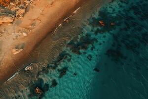 shot of Beautiful sea waves. Beach sand and amazing sea. Summer sunset seascape. Soft sunlight, clear sky, waves and water splashes. photo