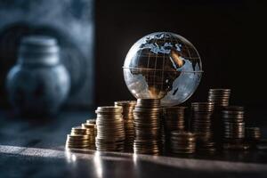 Globe and stack with coins. Money makes the world go round. photo