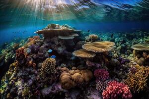 Animals of the underwater sea world. Ecosystem. Colorful tropical fish. Life in the coral reef. . photo