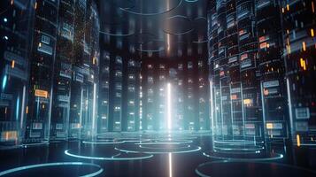 Futuristic technology for processing information analysis and sorting big data, two big databases, sharing and structuring information in digital space, . photo