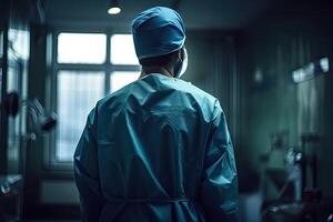 Half body back view of a health care worker standing in a hospital. Non-existent person. . photo