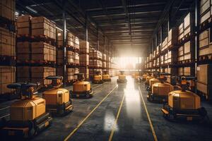 Autonomous Robot transportation in warehouses, Warehouse automation concept. . photo