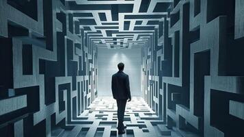 Rearview the businessman walking toward to concrete Maze. Businessman in front of a vast maze. Business and life concept. . photo